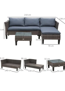 Outsunny 3 Pcs Garden Sofa PE Rattan Set - Grey