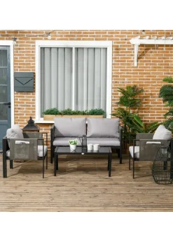 Outsunny 4 Piece Garden Sofa Set w/ Tempered Glass Coffee Table Padded Cushions