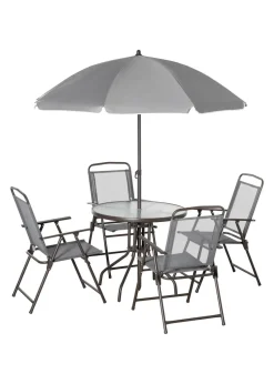 Outsunny 6 Piece Patio Dining Set with Garden Umbrella 4 Folding Chairs Grey