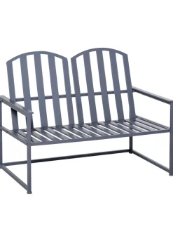 Outsunny 2 Seat Steel Patio Garden Bench Chair Slat Design Backyard Porch Grey