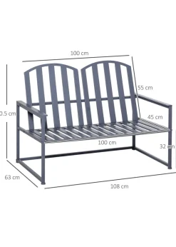 Outsunny 2 Seat Steel Patio Garden Bench Chair Slat Design Backyard Porch Grey