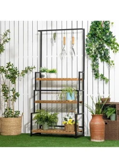 Outsunny 3 Tiered Plant Stand Rack with Hanging Hooks for Indoor Outdoor