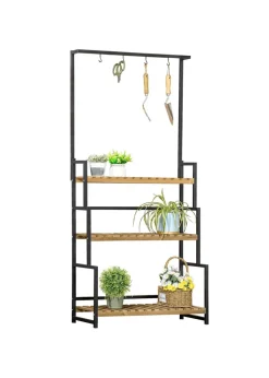 Outsunny 3 Tiered Plant Stand Rack with Hanging Hooks for Indoor Outdoor