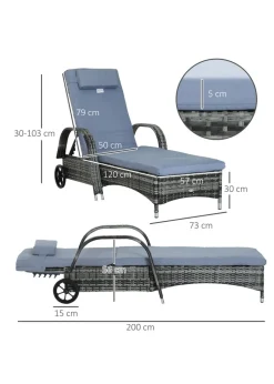 Outsunny Adjustable Wicker Rattan Sun Lounger (200cm x 73cm x 30-103cm)
