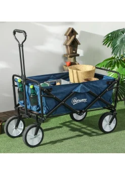 Outsunny Folding Outdoor Storage Trolley Cart Bag Telescopic Handle Brakes Navy Blue