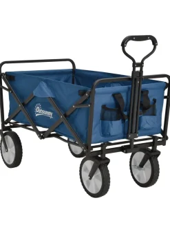 Outsunny Folding Outdoor Storage Trolley Cart Bag Telescopic Handle Brakes Navy Blue