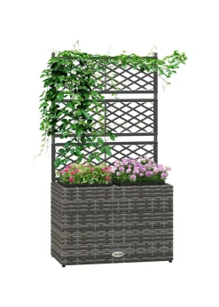 Outsunny Garden PE Rattan Planter Box with Trellis Flower Raised Bed (57x30x107cm)