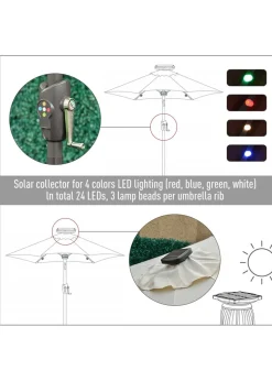 Outsunny Φ2.7m Garden 24 LED Light Parasol Solar Outdoor Tilt Sun Umbrella Patio Sun Shade