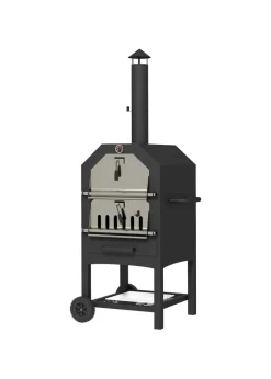 Outsunny Outdoor Pizza Oven Charcoal Grill with Rain Cover, Shelf & Wheels