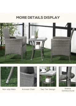 Outsunny Rattan Bistro Set Garden Chair Table Patio Outdoor Light Grey