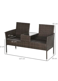 Outsunny Rattan Garden Bench Glass Tea Table Wicker Chair with Cushions