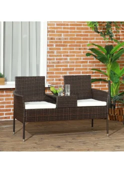 Outsunny Rattan Garden Bench Glass Tea Table Wicker Chair with Cushions