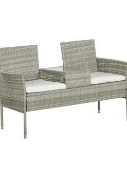 Outsunny Rattan Garden Bench Glass Tea Table Wicker Chair with Cushions