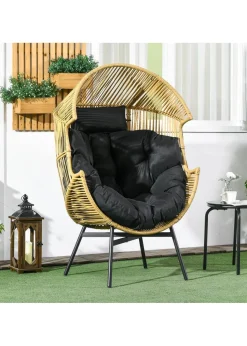 Outsunny Rattan Leisure Chair with Cushion Garden Egg Chair with Headrest