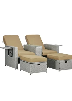 Outsunny Recliner Rattan Sun Lounger with Storage Tea Table & Footstools