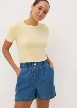 Papaya Petite Blue Mid Wash Cotton Paper Bag Shorts