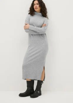 Papaya Petite Grey Ribbed Roll Neck Midi Dress