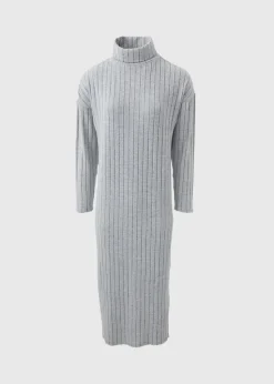 Papaya Petite Grey Ribbed Roll Neck Midi Dress