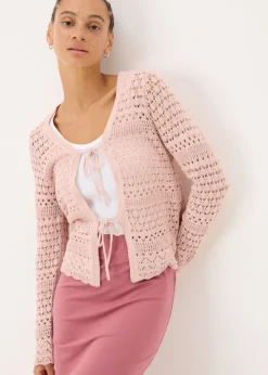 Papaya Petite Pink Pointelle Tie Front Cardigan