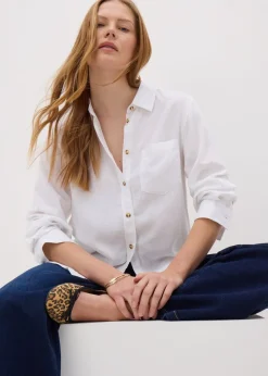 Papaya Petite White Linen Blend Long Sleeve Shirt