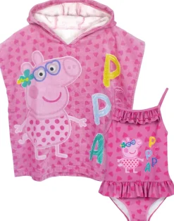 Peppa Pig Girls Pink Poncho Towel and Swimming Costume Set (12 Months-7 Years)