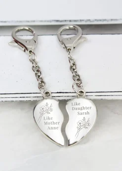Personalised Memento Company Silver Floral Mother Daughter Two Heart Keyring