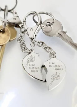 Personalised Memento Company Silver Floral Mother Daughter Two Heart Keyring