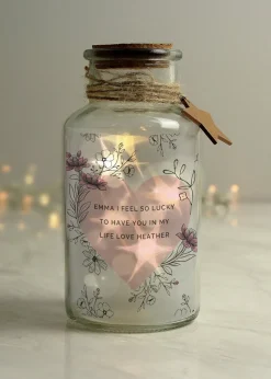 Personalised Memento Company Pink Floral Heart LED Clear Glass Jar