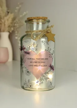 Personalised Memento Company Pink Floral Heart LED Clear Glass Jar