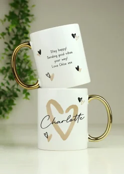 Personalised Memento Company White Hearts Gold Handled Mug
