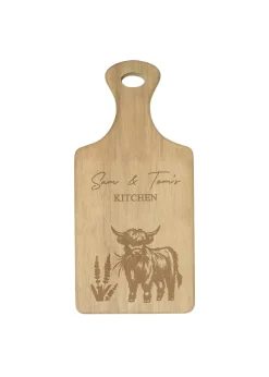 Personalised Memento Company Highland Cow Brown Paddle Chopping Board