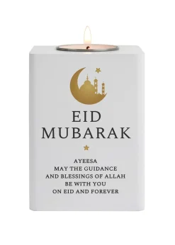 Personalised Memento Company White Eid & Ramadan Wooden Tea light Holder