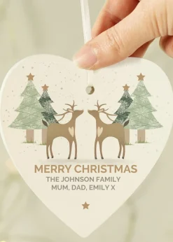 Personalised Memento Company Wood Reindeer Couple Heart Decoration