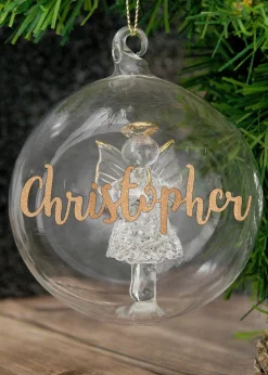 Personalised Memento Company Clear Gold Glitter Name Only Angel Glass Bauble