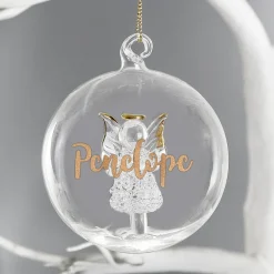 Personalised Memento Company Clear Gold Glitter Name Only Angel Glass Bauble