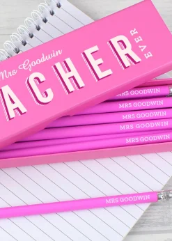 Personalised Memento Company Pink Best Teacher Ever Box with 12 Pink HB Pencils