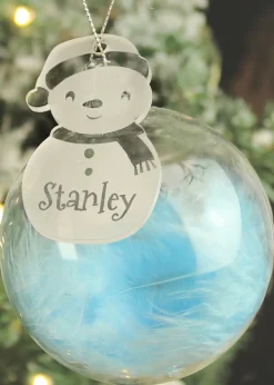 Personalised Memento Company Clear Snowman Acrylic Blue Feather Bauble