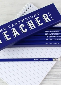 Personalised Memento Company Blue Best Teacher Ever Box with 12 Blue HB Pencils