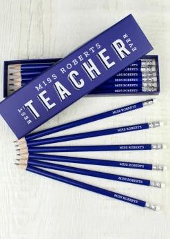 Personalised Memento Company Blue Best Teacher Ever Box with 12 Blue HB Pencils