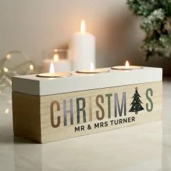 Personalised Memento Company White Christmas Tree Triple Tea Light Box
