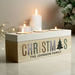 Personalised Memento Company White Christmas Tree Triple Tea Light Box