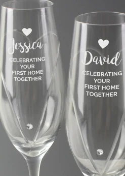 Personalised Memento Company Clear Hand Cut Heart Celebration Pair of Flutes with Gift Box