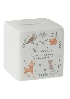 Personalised Memento Company White Woodland Animals Ceramic Square Money Box