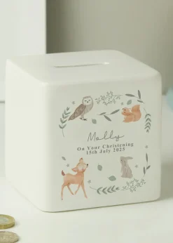 Personalised Memento Company White Woodland Animals Ceramic Square Money Box
