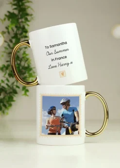 Personalised Memento Company White Photo Upload Heart Gold Handled Mug