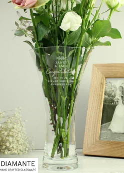Personalised Memento Company Clear Free Text Botanical Hand Cut Diamante Heart Vase