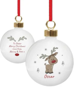 Personalised Memento Company White Little Reindeer Bauble