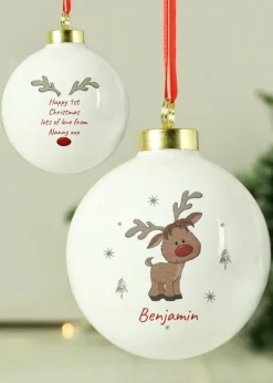 Personalised Memento Company White Little Reindeer Bauble