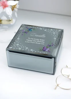 Personalised Memento Company Floral Butterfly Diamante Silver Glass Trinket Box