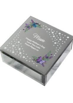 Personalised Memento Company Floral Butterfly Diamante Silver Glass Trinket Box